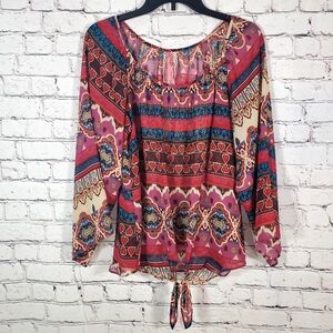 Cinnamon Pink Geometric Blouse Top  Semi Sheer Boat Neck Tie Waist Size XXS